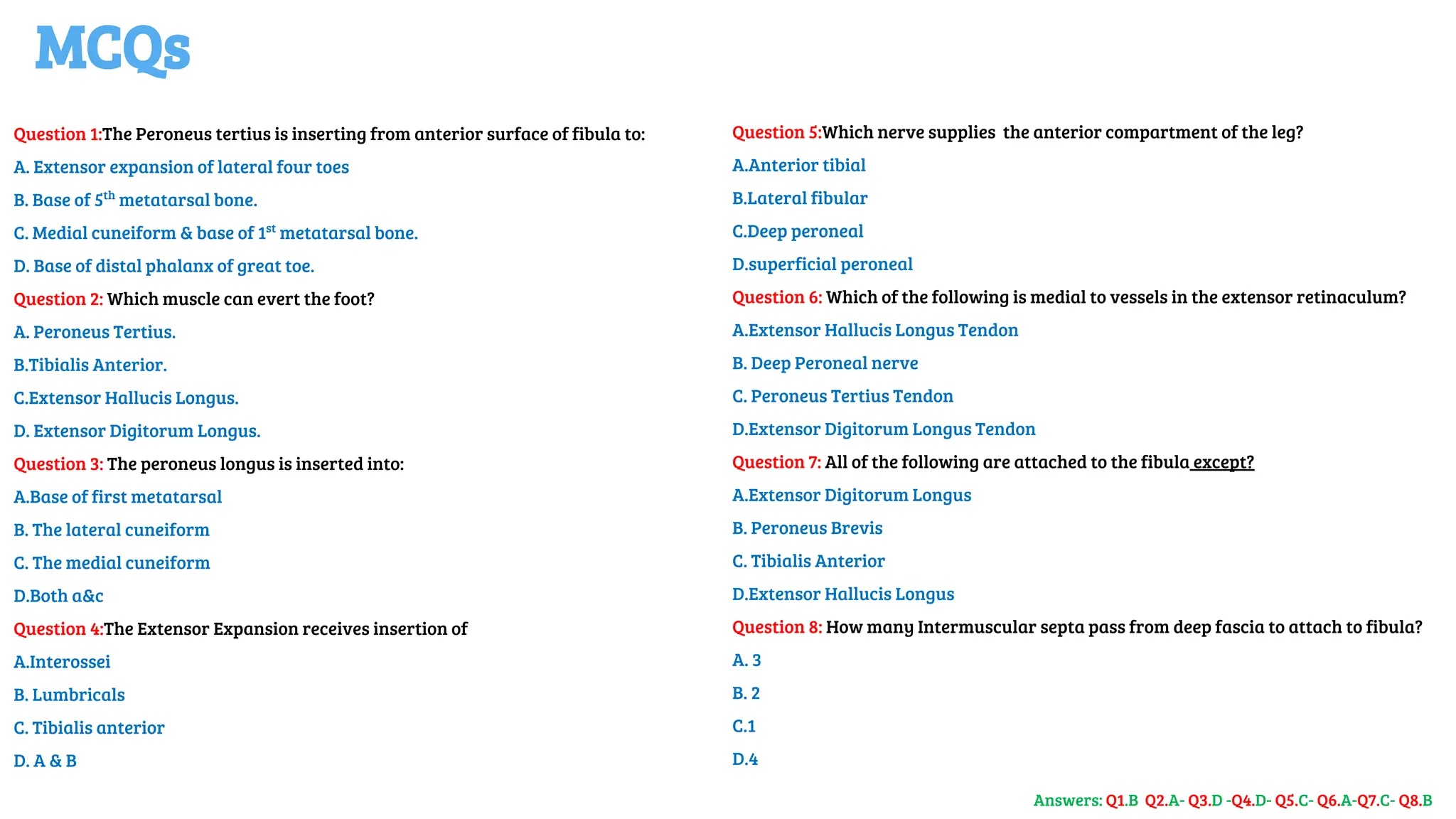 MCQs
Question 1:The Peroneus tertius is inserting from anterior surface of fibula to:
A. Extensor expansion of lateral four toes
B. Base of 5th
metatarsal bone.
C. Medial cuneiform & base of 1st
metatarsal bone.
D. Base of distal phalanx of great toe.
Question 2: Which muscle can evert the foot?
A. Peroneus Tertius.
B.Tibialis Anterior.
C.Extensor Hallucis Longus.
D. Extensor Digitorum Longus.
Question 3: The peroneus longus is inserted into:
A.Base of first metatarsal
B. The lateral cuneiform
C. The medial cuneiform
D.Both a&c
Question 4:The Extensor Expansion receives insertion of
A.Interossei
B. Lumbricals
C. Tibialis anterior
D. A & B
Question 5:Which nerve supplies the anterior compartment of the leg?
A.Anterior tibial
B.Lateral fibular
C.Deep peroneal
D.superficial peroneal
Question 6: Which of the following is medial to vessels in the extensor retinaculum?
A.Extensor Hallucis Longus Tendon
B. Deep Peroneal nerve
C. Peroneus Tertius Tendon
D.Extensor Digitorum Longus Tendon
Question 7: All of the following are attached to the fibula except?
A.Extensor Digitorum Longus
B. Peroneus Brevis
C. Tibialis Anterior
D.Extensor Hallucis Longus
Question 8: How many Intermuscular septa pass from deep fascia to attach to fibula?
A. 3
B. 2
C.1
D.4
Answers: Q1.B Q2.A- Q3.D -Q4.D- Q5.C- Q6.A-Q7.C- Q8.B
 