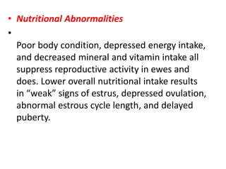• Nutritional Abnormalities
•
Poor body condition, depressed energy intake,
and decreased mineral and vitamin intake all
suppress reproductive activity in ewes and
does. Lower overall nutritional intake results
in “weak” signs of estrus, depressed ovulation,
abnormal estrous cycle length, and delayed
puberty.
 