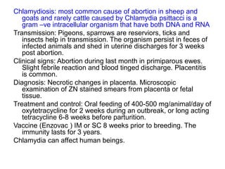 Chlamydiosis: most common cause of abortion in sheep and
goats and rarely cattle caused by Chlamydia psittacci is a
gram –ve intracellular organism that have both DNA and RNA
Transmission: Pigeons, sparrows are reserviors, ticks and
insects help in transmission. The organism persist in feces of
infected animals and shed in uterine discharges for 3 weeks
post abortion.
Clinical signs: Abortion during last month in primiparous ewes.
Slight febrile reaction and blood tinged discharge. Placentitis
is common.
Diagnosis: Necrotic changes in placenta. Microscopic
examination of ZN stained smears from placenta or fetal
tissue.
Treatment and control: Oral feeding of 400-500 mg/animal/day of
oxytetracycline for 2 weeks during an outbreak, or long acting
tetracycline 6-8 weeks before parturition.
Vaccine (Enzovac ) IM or SC 8 weeks prior to breeding. The
immunity lasts for 3 years.
Chlamydia can affect human beings.
 
