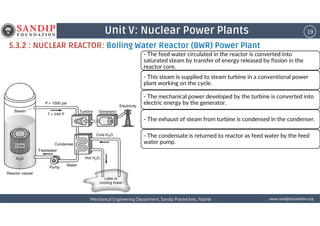19Unit V: Nuclear Power Plants
5.3.2 : NUCLEAR REACTOR: Boiling Water Reactor (BWR) Power Plant
- The feed water circulated in the reactor is converted into
saturated steam by transfer of energy released by fission in the
reactor core.
- This steam is supplied to steam turbine in a conventional power
plant working on the cycle.
- The mechanical power developed by the turbine is converted into
electric energy by the generator.
wwwwwwwwwwww....ssssaaaannnnddddiiiippppffffoooouuuunnnnddddaaaattttiiiioooonnnn....oooorrrrggggMechanical Engineering Department, Sandip Polytechnic, NashikMechanical Engineering Department, Sandip Polytechnic, NashikMechanical Engineering Department, Sandip Polytechnic, NashikMechanical Engineering Department, Sandip Polytechnic, Nashik
- The exhaust of steam from turbine is condensed in the condenser.
- The condensate is returned to reactor as feed water by the feed
water pump.
 
