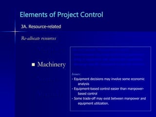 Elements of Project Control
Manpower
 Machinery
Money
Materials
3A. Resource-related
Re-allocate resources
Also referred to as ”Physical Asset Control”
- Decommission any under-performing equipment
- Bring in equipment with appropriate capabilities
- Re-assign specific equipment to specific activities
Issues:
- Equipment decisions may involve some economic
analysis
- Equipment-based control easier than manpower-
based control
- Some trade-off may exist between manpower and
equipment utilization.
 