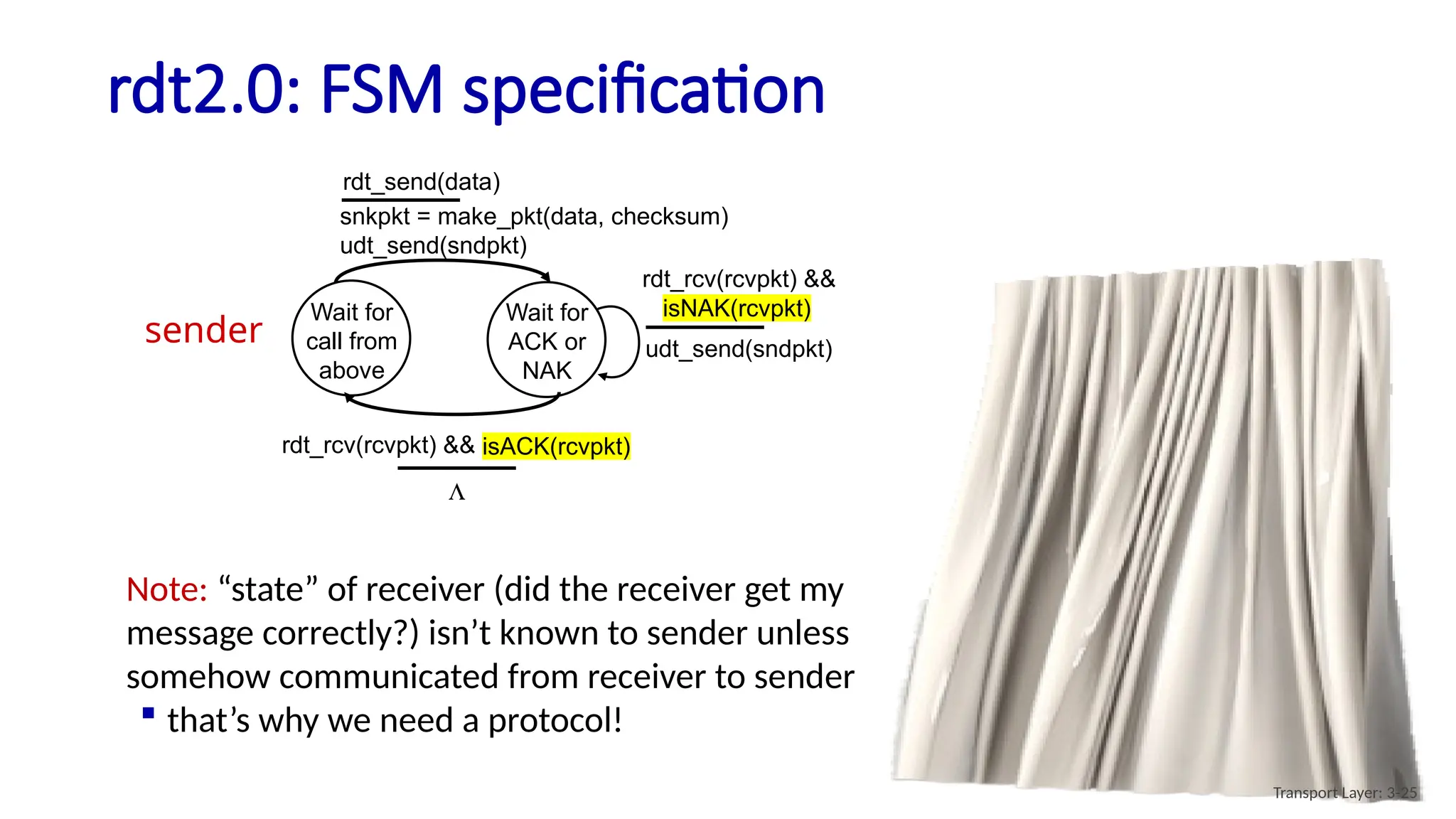 rdt2.0: FSM specification
Wait for
call from
above
udt_send(sndpkt)
Wait for
ACK or
NAK
udt_send(NAK)
rdt_rcv(rcvpkt) && corrupt(rcvpkt)
Wait for
call from
below
extract(rcvpkt,data)
deliver_data(data)
udt_send(ACK)
rdt_rcv(rcvpkt) && notcorrupt(rcvpkt)
snkpkt = make_pkt(data, checksum)
udt_send(sndpkt)
rdt_send(data)
rdt_rcv(rcvpkt) && isACK(rcvpkt)
L
sender
receiver
Note: “state” of receiver (did the receiver get my
message correctly?) isn’t known to sender unless
somehow communicated from receiver to sender
 that’s why we need a protocol!
rdt_rcv(rcvpkt) &&
isNAK(rcvpkt)
isNAK(rcvpkt)
isACK(rcvpkt)
Transport Layer: 3-25
 
