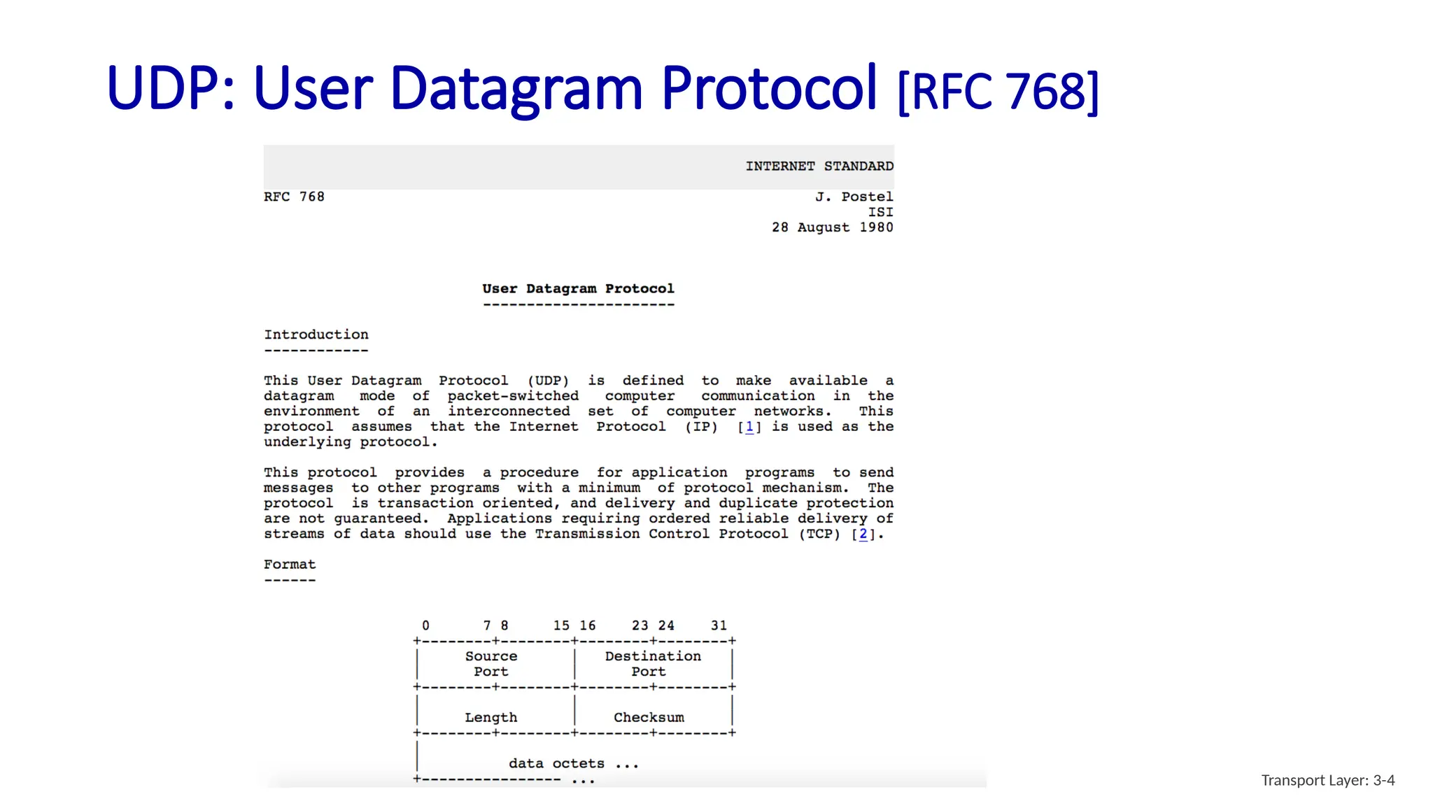 UDP: User Datagram Protocol [RFC 768]
Transport Layer: 3-4
 