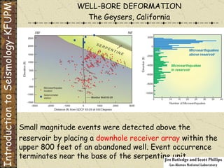 Small magnitude events were detected above the reservoir by placing a  downhole receiver array  within the upper 800 feet of an abandoned well. Event occurrence terminates near the base of the serpentine unit. WELL-BORE DEFORMATION The Geysers, California Introduction to Seismology-KFUPM 