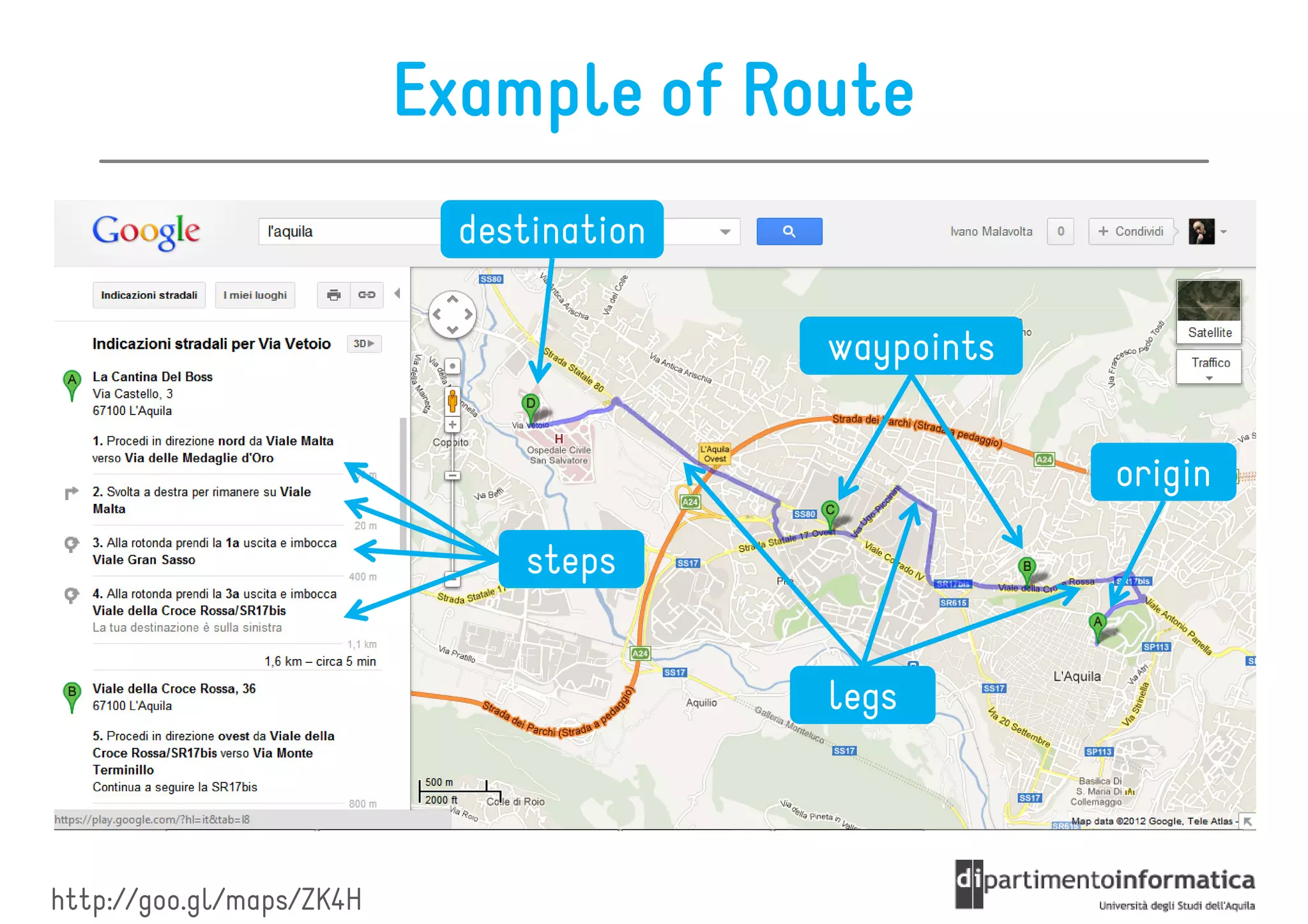 Example of Route
                            destination

                                          waypoints


                                                      origin

                                steps


                                          legs



http://goo.gl/maps/ZK4H
 