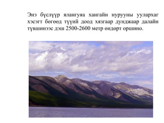 Энэ бүслүүр ялангуяа хангайн нурууны уулархаг
хэсэгт бөгөөд түүий доод хязгаар дунджаар далайн
түвшинээс дэш 2500-2600 метр өндөрт оршино.
 