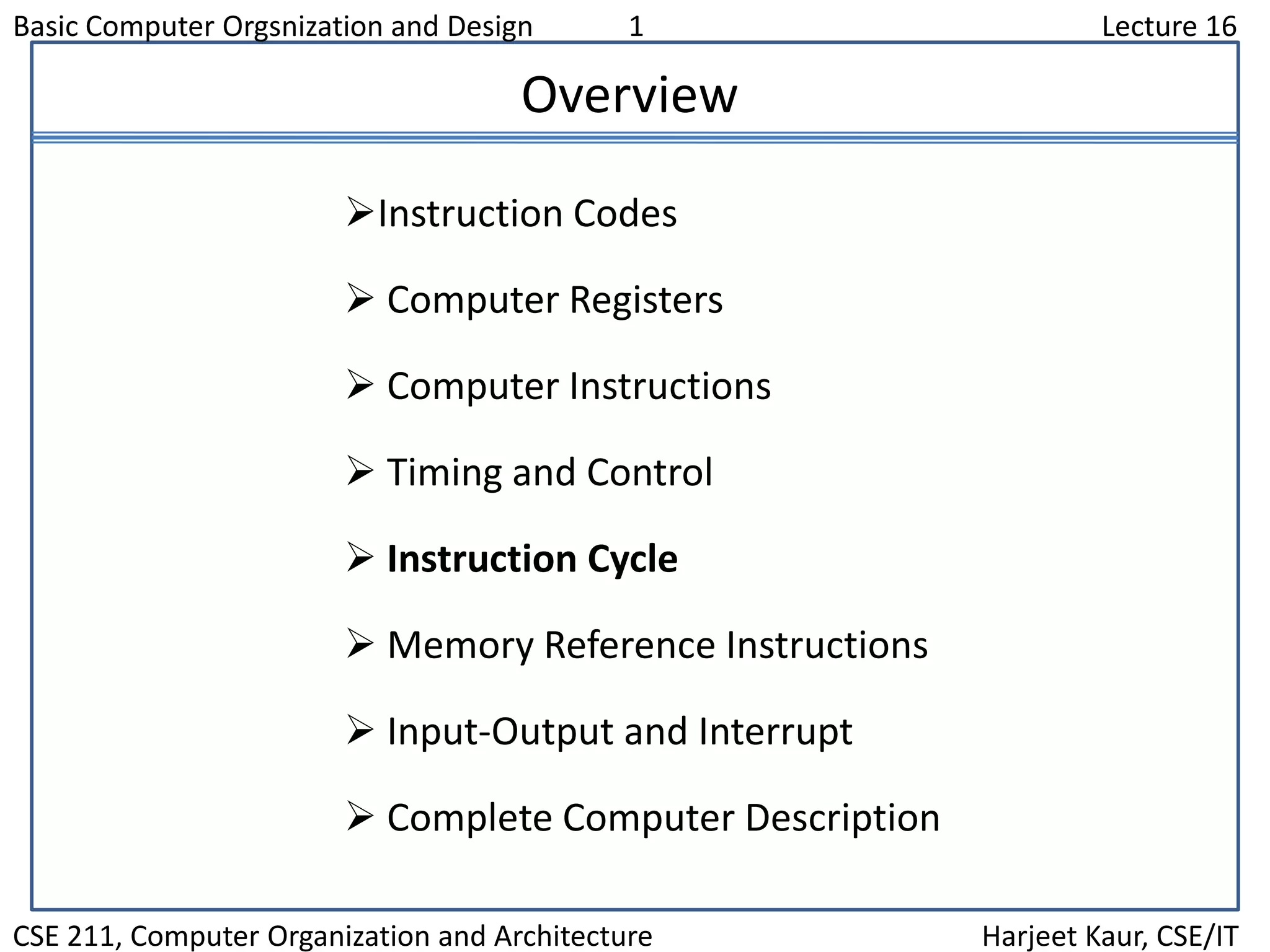 Basic Computer Orgsnization and Design 1 Lecture 16
CSE 211, Computer Organization and Architecture Harjeet Kaur, CSE/IT
Overview
Instruction Codes
 Computer Registers
 Computer Instructions
 Timing and Control
 Instruction Cycle
 Memory Reference Instructions
 Input-Output and Interrupt
 Complete Computer Description
 