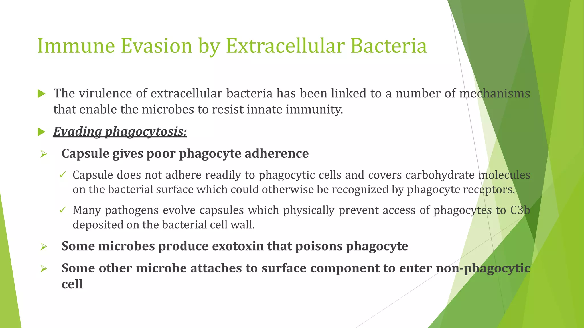 Immune Evasion by Extracellular Bacteria
 The virulence of extracellular bacteria has been linked to a number of mechanisms
that enable the microbes to resist innate immunity.
 Evading phagocytosis:
 Capsule gives poor phagocyte adherence
 Capsule does not adhere readily to phagocytic cells and covers carbohydrate molecules
on the bacterial surface which could otherwise be recognized by phagocyte receptors.
 Many pathogens evolve capsules which physically prevent access of phagocytes to C3b
deposited on the bacterial cell wall.
 Some microbes produce exotoxin that poisons phagocyte
 Some other microbe attaches to surface component to enter non-phagocytic
cell
 