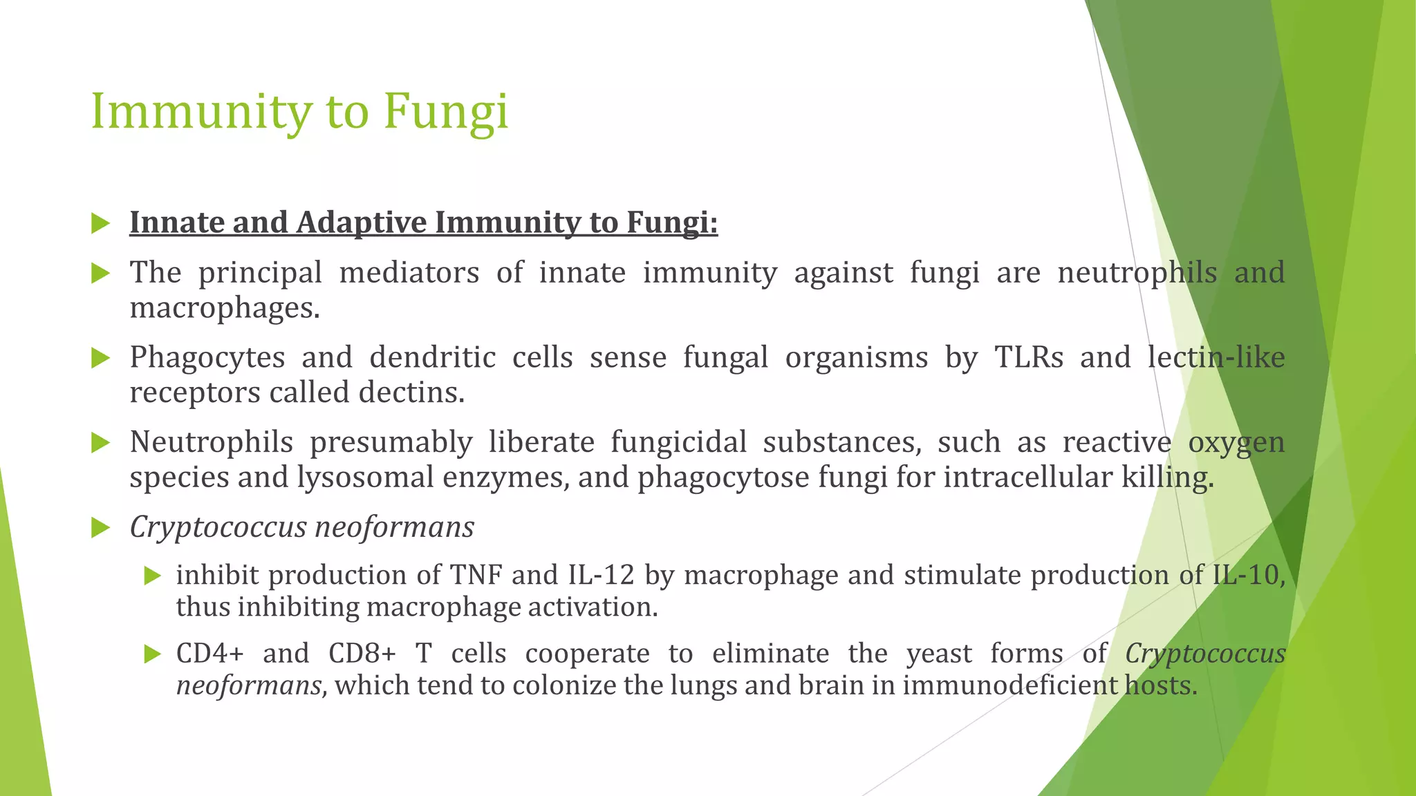 Immunity to Fungi
 Innate and Adaptive Immunity to Fungi:
 The principal mediators of innate immunity against fungi are neutrophils and
macrophages.
 Phagocytes and dendritic cells sense fungal organisms by TLRs and lectin-like
receptors called dectins.
 Neutrophils presumably liberate fungicidal substances, such as reactive oxygen
species and lysosomal enzymes, and phagocytose fungi for intracellular killing.
 Cryptococcus neoformans
 inhibit production of TNF and IL-12 by macrophage and stimulate production of IL-10,
thus inhibiting macrophage activation.
 CD4+ and CD8+ T cells cooperate to eliminate the yeast forms of Cryptococcus
neoformans, which tend to colonize the lungs and brain in immunodeficient hosts.
 
