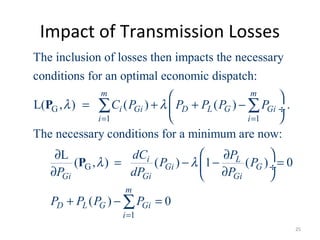 Impact of Transmission Losses
G
1 1
G
The inclusion of losses then impacts the necessary
conditions for an optimal economic dispatch:
L( , ) ( ) ( ) .
The necessary conditions for a minimum are now:
L
(
m m
i Gi D L G Gi
i i
Gi
C P P P P P
P
λ λ
= =
 
= + + − ÷
 
∂
∂
∑ ∑P
P
1
, ) ( ) 1 ( ) 0
( ) 0
i L
Gi G
Gi Gi
m
D L G Gi
i
dC P
P P
dP P
P P P P
λ λ
=
 ∂
= − − = ÷∂ 
+ − =∑
25
 