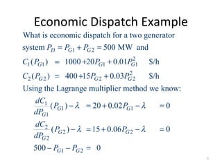 Economic Dispatch Example
1 2
2
1 1 1 1
2
2 2 2 2
1
1
1
What is economic dispatch for a two generator
system 500 MW and
( ) 1000 20 0.01 $/h
( ) 400 15 0.03 $/h
Using the Lagrange multiplier method we know:
( ) 20 0.0
D G G
G G G
G G G
G
G
P P P
C P P P
C P P P
dC
P
dP
λ
= + =
= + +
= + +
− = + 1
2
2 2
2
1 2
2 0
( ) 15 0.06 0
500 0
G
G G
G
G G
P
dC
P P
dP
P P
λ
λ λ
− =
− = + − =
− − =
7
 
