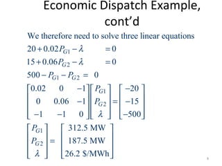 Economic Dispatch Example,
cont’d
1
2
1 2
1
2
1
2
We therefore need to solve three linear equations
20 0.02 0
15 0.06 0
500 0
0.02 0 1 20
0 0.06 1 15
1 1 0 500
312.5 MW
187.5 MW
26.2 $/MW
G
G
G G
G
G
G
G
P
P
P P
P
P
P
P
λ
λ
λ
λ
+ − =
+ − =
− − =
− −    
    − = −
    
− − −        
 
  =
 
   h
 
 
 
   8
 