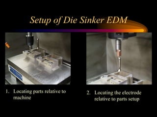 Setup of Die Sinker EDM
1. Locating parts relative to
machine
2. Locating the electrode
relative to parts setup
 