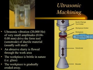 Ultrasonic
Machining
• Ultrasonic vibration (20,000 Hz)
of very small amplitudes (0.04-
0.08 mm) drive the form tool
(sonotrode) of ductile material
(usually soft steel)
• An abrasive slurry is flowed
through the work area
• The workpiece is brittle in nature
(i.e. glass)
• The workpiece is gradually
eroded away.
 
