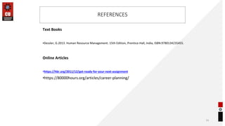 REFERENCES
Text Books
▪Dessler, G.2013. Human Resource Management. 15th Edition, Prentice-Hall, India, ISBN:9780134235455.
Online Articles
•https://hbr.org/2011/12/get-ready-for-your-next-assignment
•https://80000hours.org/articles/career-planning/
14
 