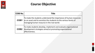 Course Objective
COB No. Title
COB1
To make the students understand the importance of human resources
as an asset and to sensitize the students to the various facets of
managing human resource in the real world.
COB2
To make students develop, implement and evaluate organizational
development strategies aimed at promoting organizational
effectiveness.
 