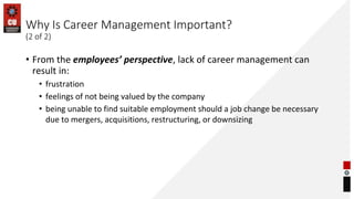 Why Is Career Management Important?
(2 of 2)
• From the employees’ perspective, lack of career management can
result in:
• frustration
• feelings of not being valued by the company
• being unable to find suitable employment should a job change be necessary
due to mergers, acquisitions, restructuring, or downsizing
 