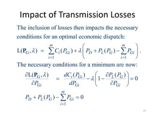Impact of Transmission Losses
G
1 1
G
The inclusion of losses then impacts the necessary
conditions for an optimal economic dispatch:
L( , ) ( ) ( ) .
The necessary conditions for a minimum are now:
L( , )
m m
i Gi D L G Gi
i i
C P P P P P
 

 
 
   
 
 


 
P
P
1
( ) ( )
1 0
( ) 0
i Gi L G
Gi Gi Gi
m
D L G Gi
i
dC P P P
P dP P
P P P P


 

   
 

 
  

25
 