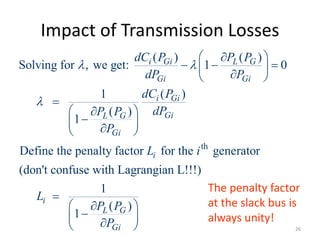Impact of Transmission Losses
th
( ) ( )
Solving for , we get: 1 0
( )
1
( )
1
Define the penalty factor for the generator
(don't confuse with Lagrangian L!!!)
1
( )
1
i Gi L G
Gi Gi
i Gi
Gi
L G
Gi
i
i
L G
Gi
dC P P P
dP P
dC P
dP
P P
P
L i
L
P P
P
 

 

  
 

 

 


 

 

 

 




The penalty factor
at the slack bus is
always unity!
26
 