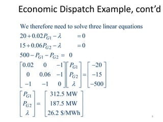 Economic Dispatch Example, cont’d
1
2
1 2
1
2
1
2
We therefore need to solve three linear equations
20 0.02 0
15 0.06 0
500 0
0.02 0 1 20
0 0.06 1 15
1 1 0 500
312.5 MW
187.5 MW
26.2 $/MW
G
G
G G
G
G
G
G
P
P
P P
P
P
P
P




  
  
  
 
    
    
  
    
  
    
    
 
  
 
 
  h
 
 
 
 
  8
 
