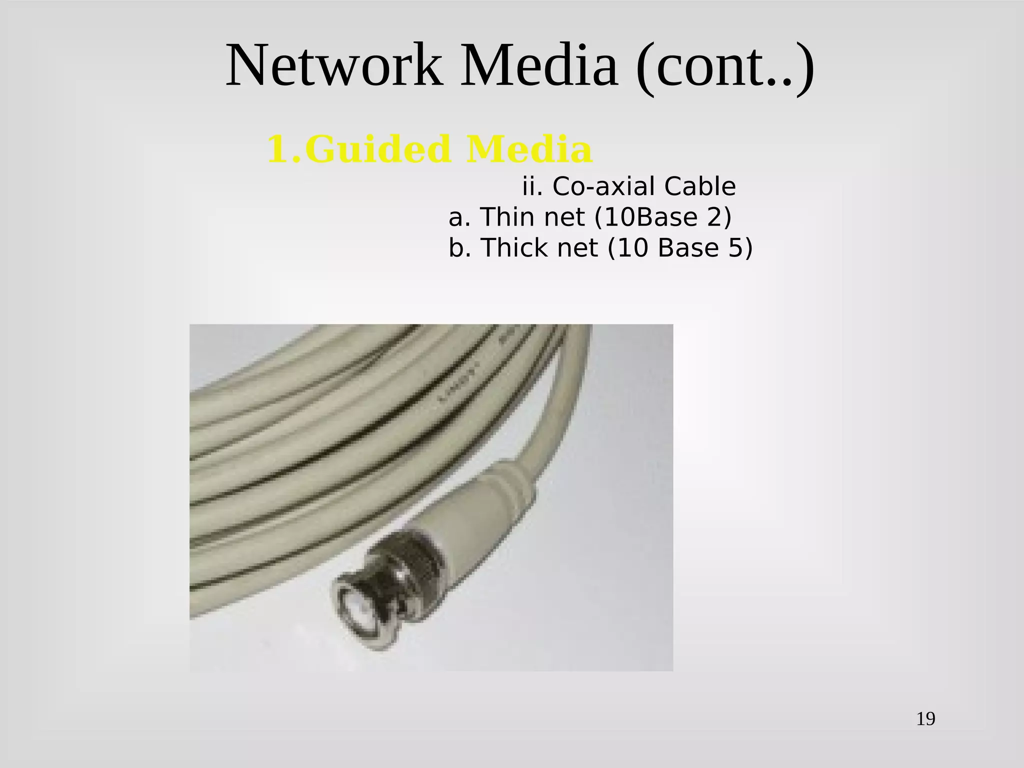 19
Network Media (cont..)
1.Guided Media
ii. Co-axial Cable
a. Thin net (10Base 2)
b. Thick net (10 Base 5)
 