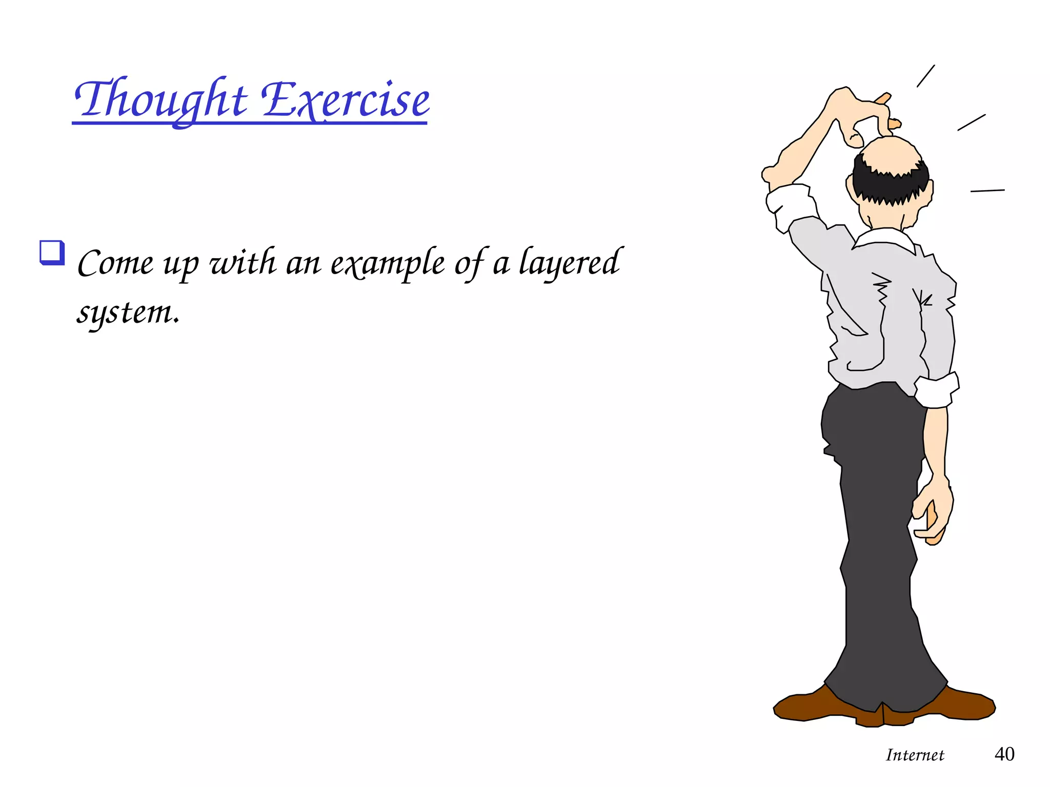 Thought Exercise
 Come up with an example of a layered
system.
Internet 40
 