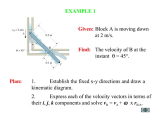 Given: Block A is moving down
at 2 m/s.
Find: The velocity of B at the
instant θ = 45°.
Plan: 1. Establish the fixed x-y directions and draw a
kinematic diagram.
2. Express each of the velocity vectors in terms of
their i, j, k components and solve vB = vA + ω x rB/A.
EXAMPLE 1
 
