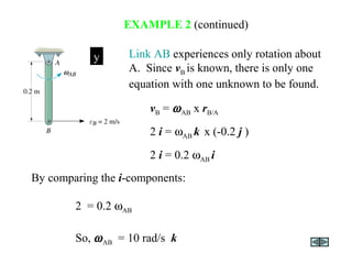 EXAMPLE 2 (continued)
Link AB experiences only rotation about
A. Since vB is known, there is only one
equation with one unknown to be found.
By comparing the i-components:
2 = 0.2 ωAB
So, ωAB = 10 rad/s k
x
y
vB = ωAB x rB/A
2 i = ωAB k x (-0.2 j )
2 i = 0.2 ωAB i
 