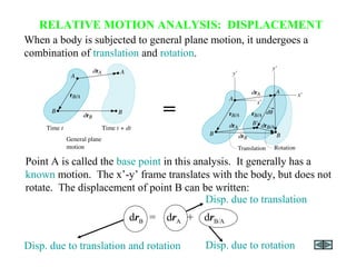 RELATIVE MOTION ANALYSIS: DISPLACEMENT
When a body is subjected to general plane motion, it undergoes a
combination of translation and rotation.
=
drB = drA + drB/A
Disp. due to translation and rotation
Disp. due to translation
Disp. due to rotation
Point A is called the base point in this analysis. It generally has a
known motion. The x’-y’ frame translates with the body, but does not
rotate. The displacement of point B can be written:
 
