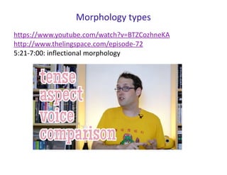 Morphology types
https://www.youtube.com/watch?v=BTZCozhneKA
http://www.thelingspace.com/episode-72
5:21-7:00: inflectional morphology
 