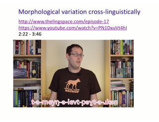 Morphological variation cross-linguistically
http://www.thelingspace.com/episode-17
https://www.youtube.com/watch?v=PN1DxuVt4hI
2:22 - 3:46
 