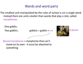 Words and word parts
Bound morpheme = morpheme that can’t
stand on its own - it must be attached to
something
The smallest unit manipulated by the rules of syntax is not a single word.
Instead there are units smaller than words that play a role, called
morphemes.
One goblin.
Two goblins. goblins = goblin + s = + plural
 