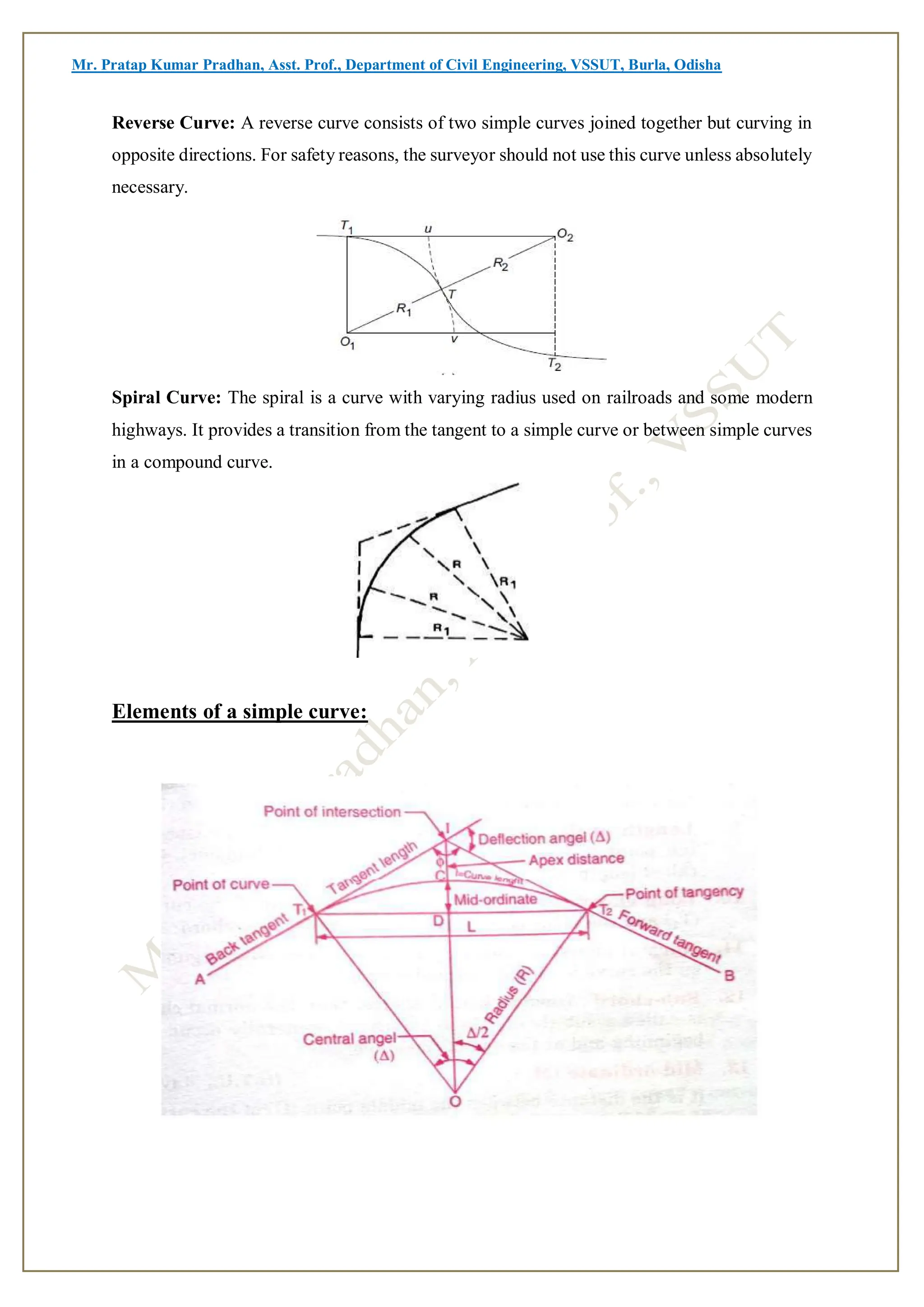 Mr. Pratap Kumar Pradhan, Asst. Prof., Department of Civil Engineering, VSSUT, Burla, Odisha
Reverse Curve: A reverse curve consists of two simple curves joined together but curving in
opposite directions. For safety reasons, the surveyor should not use this curve unless absolutely
necessary.
Spiral Curve: The spiral is a curve with varying radius used on railroads and some modern
highways. It provides a transition from the tangent to a simple curve or between simple curves
in a compound curve.
Elements of a simple curve:
 
