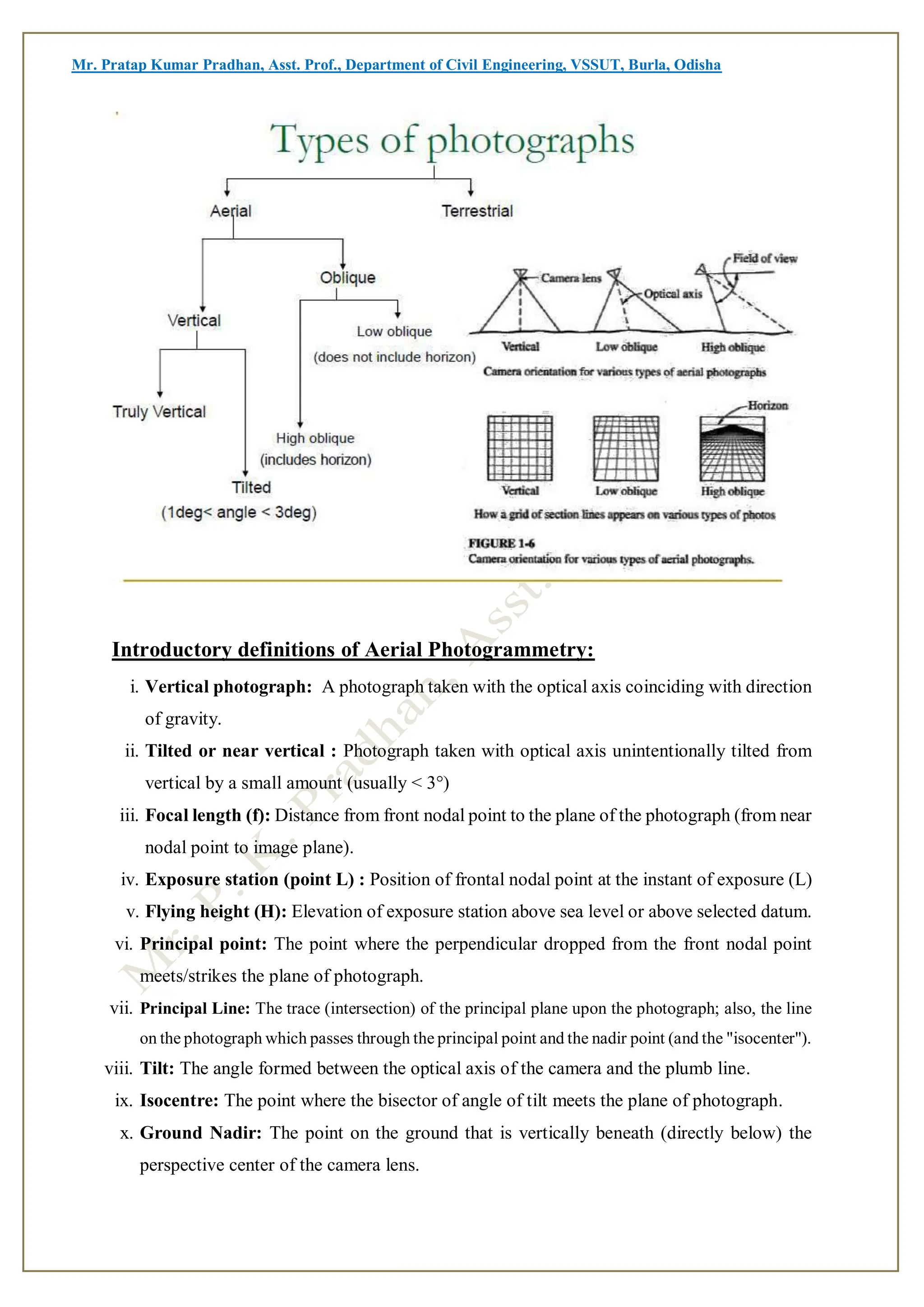 Mr. Pratap Kumar Pradhan, Asst. Prof., Department of Civil Engineering, VSSUT, Burla, Odisha
Introductory definitions of Aerial Photogrammetry:
i. Vertical photograph: A photograph taken with the optical axis coinciding with direction
of gravity.
ii. Tilted or near vertical : Photograph taken with optical axis unintentionally tilted from
vertical by a small amount (usually < 3°)
iii. Focal length (f): Distance from front nodal point to the plane of the photograph (from near
nodal point to image plane).
iv. Exposure station (point L) : Position of frontal nodal point at the instant of exposure (L)
v. Flying height (H): Elevation of exposure station above sea level or above selected datum.
vi. Principal point: The point where the perpendicular dropped from the front nodal point
meets/strikes the plane of photograph.
vii. Principal Line: The trace (intersection) of the principal plane upon the photograph; also, the line
on the photograph which passes through the principal point and the nadir point (and the "isocenter").
viii. Tilt: The angle formed between the optical axis of the camera and the plumb line.
ix. Isocentre: The point where the bisector of angle of tilt meets the plane of photograph.
x. Ground Nadir: The point on the ground that is vertically beneath (directly below) the
perspective center of the camera lens.
 