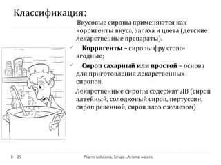 Классификация:
Pharm solutions, Sirups...Aroma waters25
Вкусовые сиропы применяются как
корригенты вкуса, запаха и цвета (детские
лекарственные препараты).
 Корригенты – сиропы фруктово-
ягодные;
 Сироп сахарный или простой – основа
для приготовления лекарственных
сиропов.
Лекарственные сиропы содержат ЛВ (сироп
алтейный, солодковый сироп, пертуссин,
сироп ревенной, сироп алоэ с железом)
 
