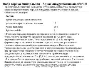 Pharm solutions, Sirups...Aroma waters35
прозрачная, бесцветная или слегка мутноватая, вследствие присутствия
следов эфирного масла горьких миндалеи, жидкость своеобр. запаха,
слабокислой реакции.
Состав:
Semenum Amygdalarum amararum
grosso modo pulveratorum sine oleo 12 г
Aquae destillatae 20 г
Spiritus aethilici 3 г
12 ч жмыха горького миндаля превращённого в порошок помещают в
стекл. банку с притёртой крышкой, заливают 20 мл. дист. воды
перемешивают и при комн. Темп. оставляют на 12 ч. За это время
фермент эмульсин, нах-ся в семенах горького миндаля, расщепляет
гликозид амигдалин на бензальдегидциангидрин. По истечении
указанного времени массу переносят в колбу перегонного аппарата, где
пар проходя через содержимое куба увлекает за собой летучие в-ва и
конденсируясь в холодильнике поступает в приёмник куда
предварительно наиливают 3 ч. (3,4 мл) спирта, перегоняют до получения
12 ч. отгона. Затем подставл. др.приёмник, куда ещё набирают 3 ч. отгона.
Затем опр. кол-во цианистого водорода обоих отгонов, из смешивают с
расчётом, чтобы цианистого водорода было 0.1%, а спирта 20-22%
Вода горько-миндальная – Aquae Amygdalarum amararum
 