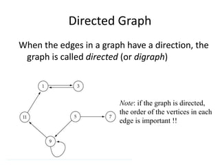 Directed Graph
When the edges in a graph have a direction, the
graph is called directed (or digraph)
Note: if the graph is directed,
the order of the vertices in each
edge is important !!
 