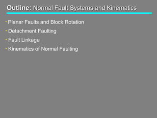 Outline:Outline: Normal Fault Systems and KinematicsNormal Fault Systems and Kinematics
• Planar Faults and Block Rotation
• Detachment Faulting
• Fault Linkage
• Kinematics of Normal Faulting
 