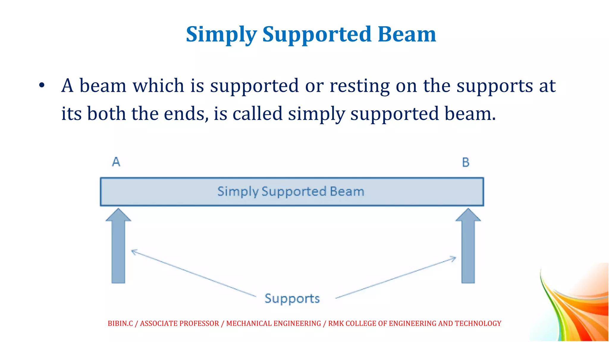 Simply Supported Beam
• A beam which is supported or resting on the supports at
its both the ends, is called simply supported beam.
BIBIN.C / ASSOCIATE PROFESSOR / MECHANICAL ENGINEERING / RMK COLLEGE OF ENGINEERING AND TECHNOLOGY
 