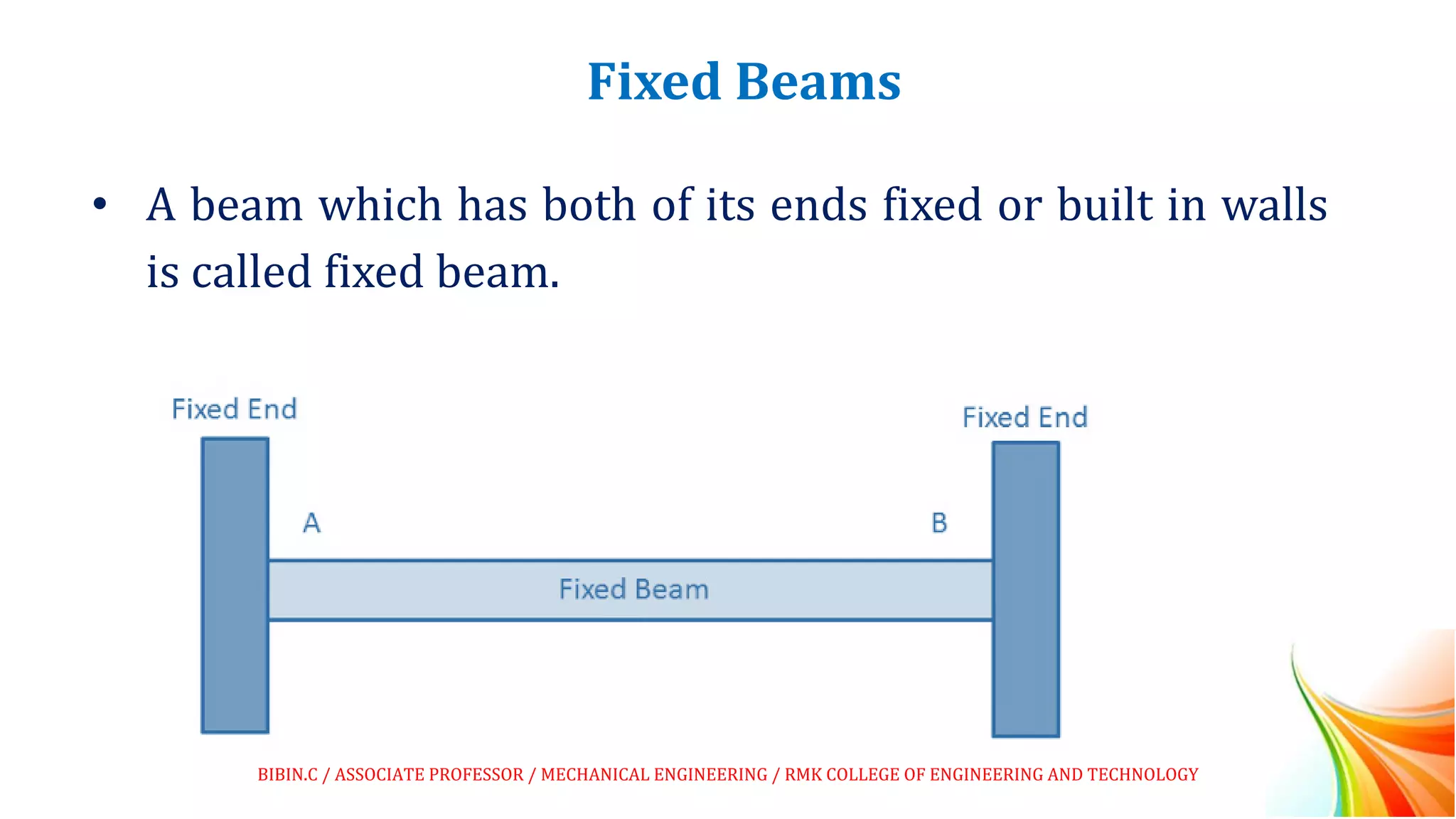 Fixed Beams
• A beam which has both of its ends fixed or built in walls
is called fixed beam.
BIBIN.C / ASSOCIATE PROFESSOR / MECHANICAL ENGINEERING / RMK COLLEGE OF ENGINEERING AND TECHNOLOGY
 