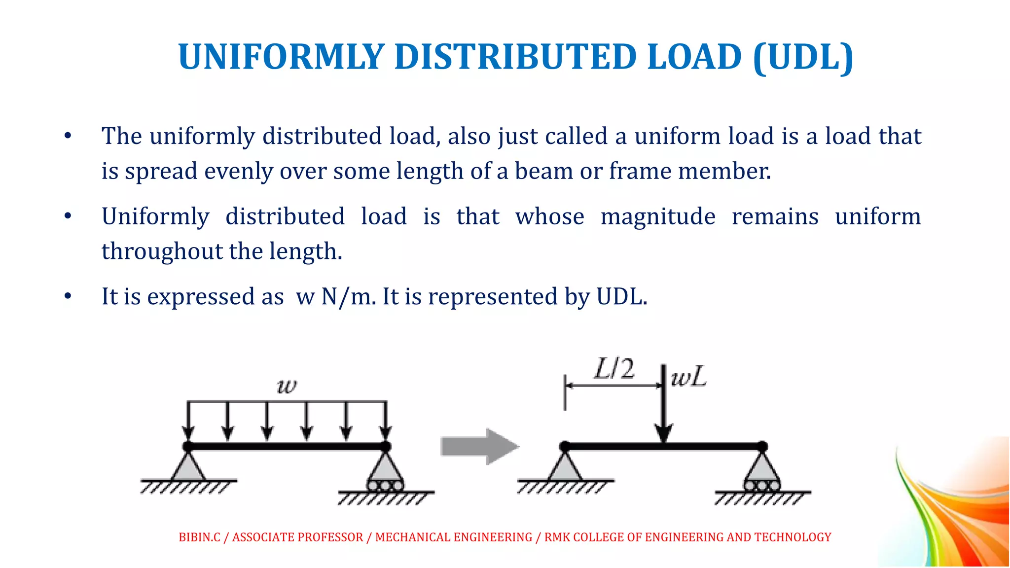 UNIFORMLY DISTRIBUTED LOAD (UDL)
• The uniformly distributed load, also just called a uniform load is a load that
is spread evenly over some length of a beam or frame member.
• Uniformly distributed load is that whose magnitude remains uniform
throughout the length.
• It is expressed as w N/m. It is represented by UDL.
BIBIN.C / ASSOCIATE PROFESSOR / MECHANICAL ENGINEERING / RMK COLLEGE OF ENGINEERING AND TECHNOLOGY
 
