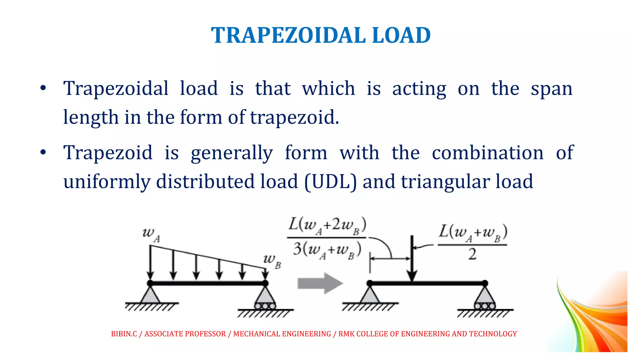 TRAPEZOIDAL LOAD
• Trapezoidal load is that which is acting on the span
length in the form of trapezoid.
• Trapezoid is generally form with the combination of
uniformly distributed load (UDL) and triangular load
BIBIN.C / ASSOCIATE PROFESSOR / MECHANICAL ENGINEERING / RMK COLLEGE OF ENGINEERING AND TECHNOLOGY
 
