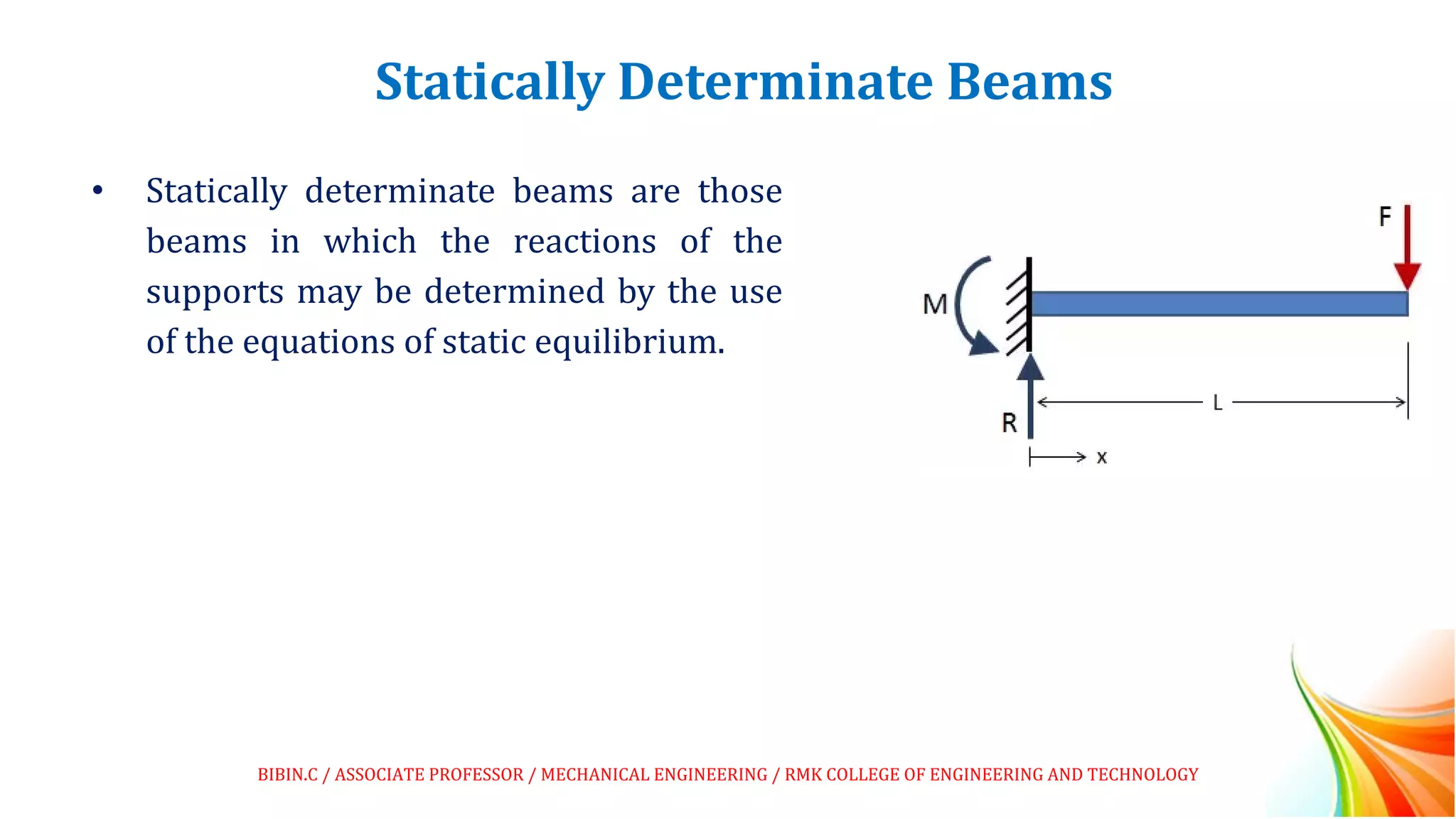 Statically Determinate Beams
• Statically determinate beams are those
beams in which the reactions of the
supports may be determined by the use
of the equations of static equilibrium.
BIBIN.C / ASSOCIATE PROFESSOR / MECHANICAL ENGINEERING / RMK COLLEGE OF ENGINEERING AND TECHNOLOGY
 
