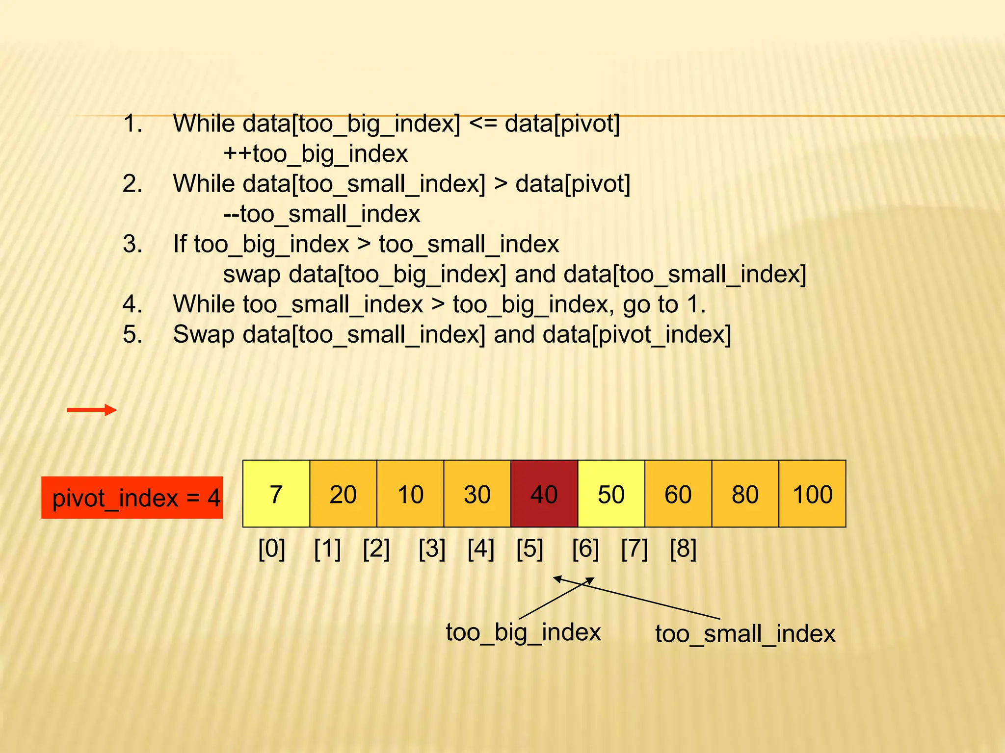 1. While data[too_big_index] <= data[pivot]
++too_big_index
2. While data[too_small_index] > data[pivot]
--too_small_index
3. If too_big_index > too_small_index
swap data[too_big_index] and data[too_small_index]
4. While too_small_index > too_big_index, go to 1.
5. Swap data[too_small_index] and data[pivot_index]
7 20 10 30 40 50 60 80 100
pivot_index = 4
[0] [1] [2] [3] [4] [5] [6] [7] [8]
too_big_index too_small_index
 