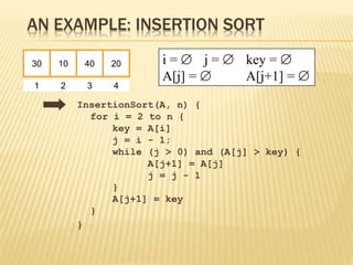 AN EXAMPLE: INSERTION SORT
InsertionSort(A, n) {
for i = 2 to n {
key = A[i]
j = i - 1;
while (j > 0) and (A[j] > key) {
A[j+1] = A[j]
j = j - 1
}
A[j+1] = key
}
}
30 10 40 20
1 2 3 4
i =  j =  key = 
A[j] =  A[j+1] = 
 