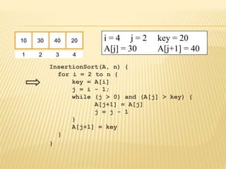 InsertionSort(A, n) {
for i = 2 to n {
key = A[i]
j = i - 1;
while (j > 0) and (A[j] > key) {
A[j+1] = A[j]
j = j - 1
}
A[j+1] = key
}
}
10 30 40 20
1 2 3 4
i = 4 j = 2 key = 20
A[j] = 30 A[j+1] = 40
 
