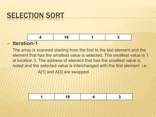 SELECTION SORT
 Iteration-1
The array is scanned starting from the first to the last element and the
element that has the smallest value is selected. The smallest value is 1
at location 3. The address of element that has the smallest value is
noted and the selected value is interchanged with the first element i.e.
A[1] and A[3] are swapped
4 19 1 3
1 19 4 3
 