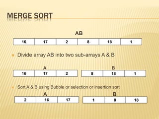 MERGE SORT
AB
 Divide array AB into two sub-arrays A & B
A B
 Sort A & B using Bubble or selection or insertion sort
A B
16 17 2 8 18 1
16 17 2 8 18 1
2 16 17 1 8 18
 