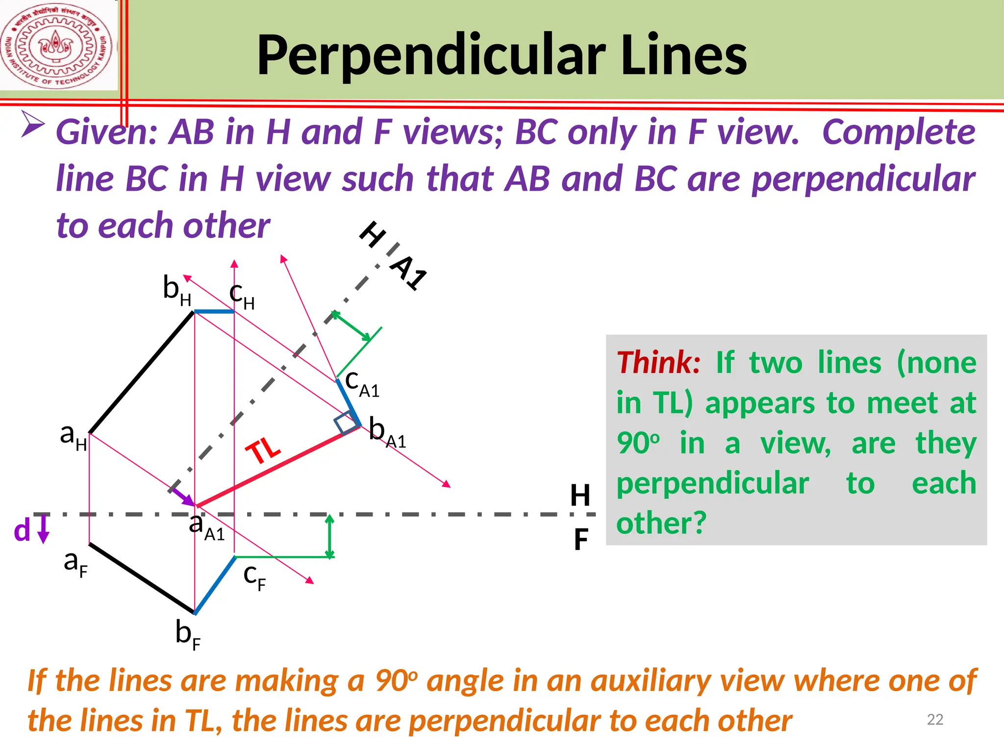 22
 Given: AB in H and F views; BC only in F view. Complete
line BC in H view such that AB and BC are perpendicular
to each other
F
H
bH
bF
aH
aF
d
TL
aA1
bA1
A1
cF
cA1
cH
If the lines are making a 90o
angle in an auxiliary view where one of
the lines in TL, the lines are perpendicular to each other
Think: If two lines (none
in TL) appears to meet at
90o
in a view, are they
perpendicular to each
other?
Perpendicular Lines
H
 