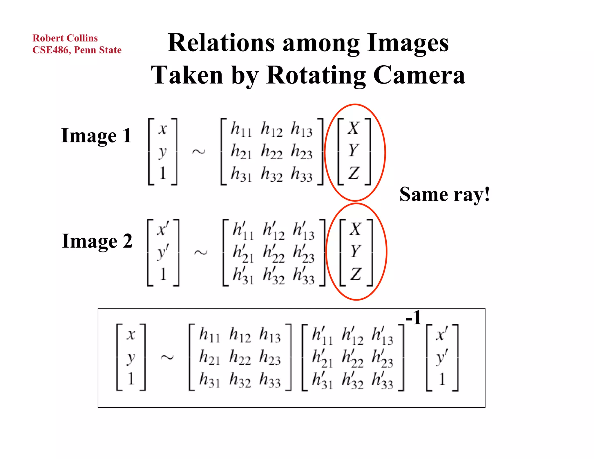 Robert Collins
CSE486, Penn State    Relations among Images
                     Taken by Rotating Camera

     Image 1

                                       Same ray!

     Image 2


                                        -1
 